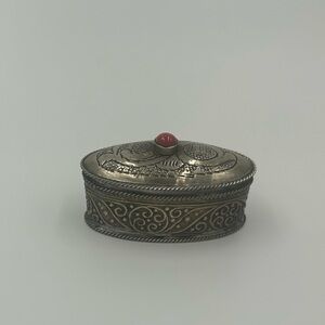 Vintage Berber Metal Pill Box Ornate Coral GemStone Snuff Box